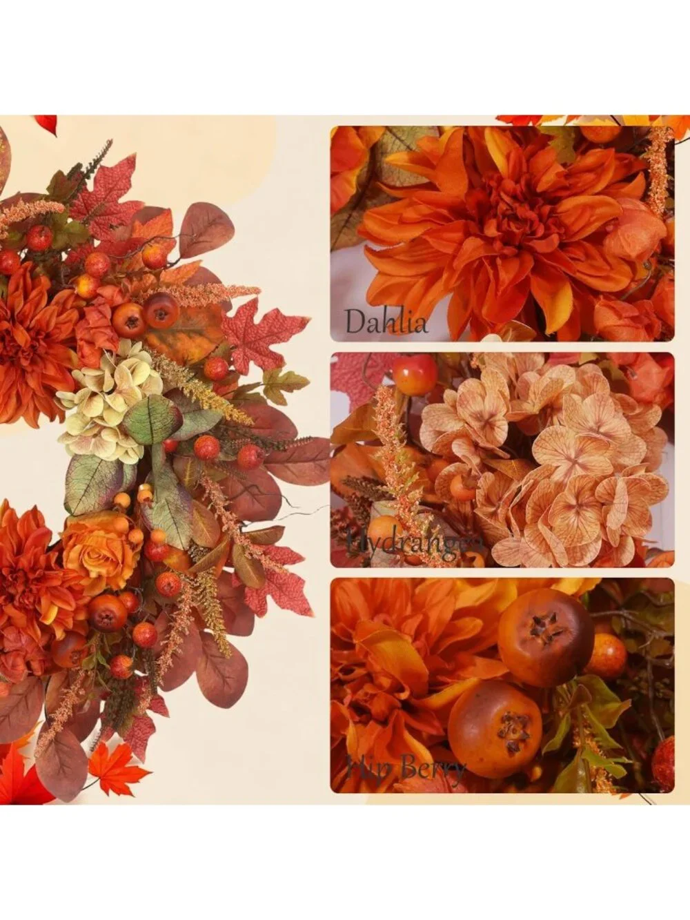 26-Inch Autumn Harvest Wreath for Front Door - Fall Decor with Dahlias, Maple